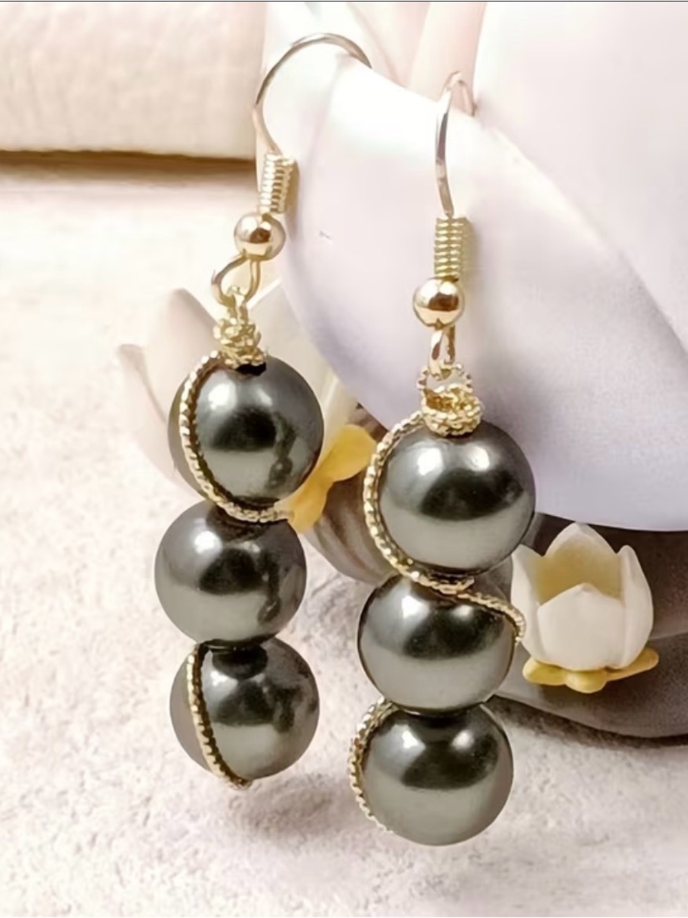 Elegant Black Faux Pearl Triple Drop Gold Tone Dangle Earrings